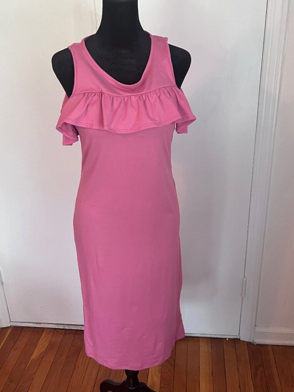 Pink Ruffle Cold-Shoulder Midi Dress